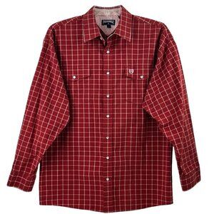 Panhandle Mens Western Shirt L Red Plaid Long Sleeve Pearl Snap Buttons Cotton